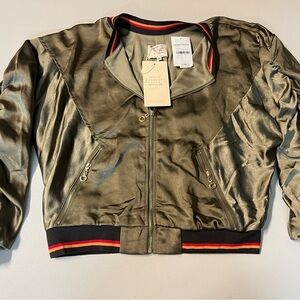Metallic Bomber Jacket with Striped Trim